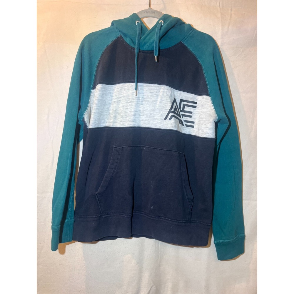 American Eagle Sweatshirt Hoodie SZ M Long Sleeve Graphic Pocket Navy Green Q5